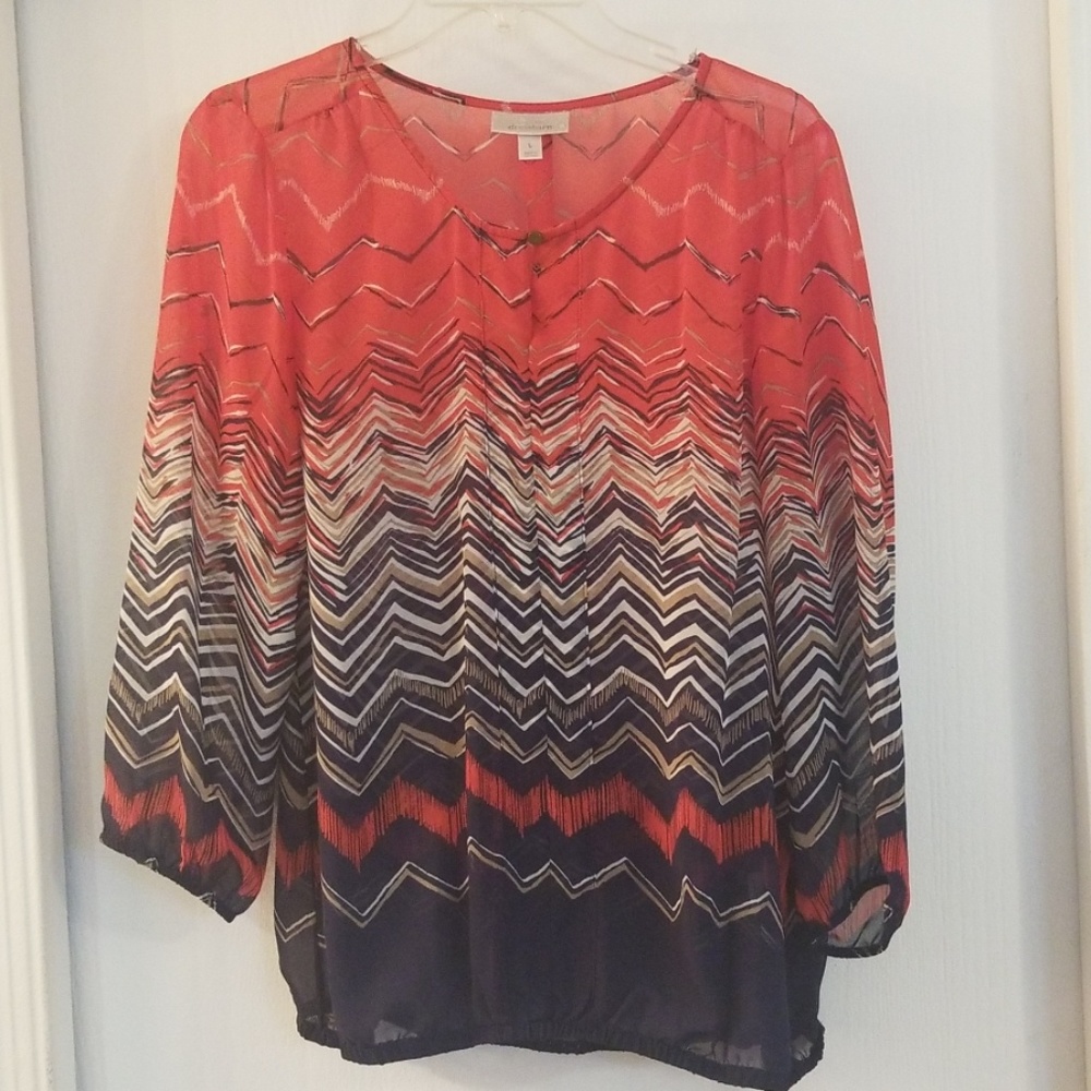 Sheer navy, tan, orange-red blouse